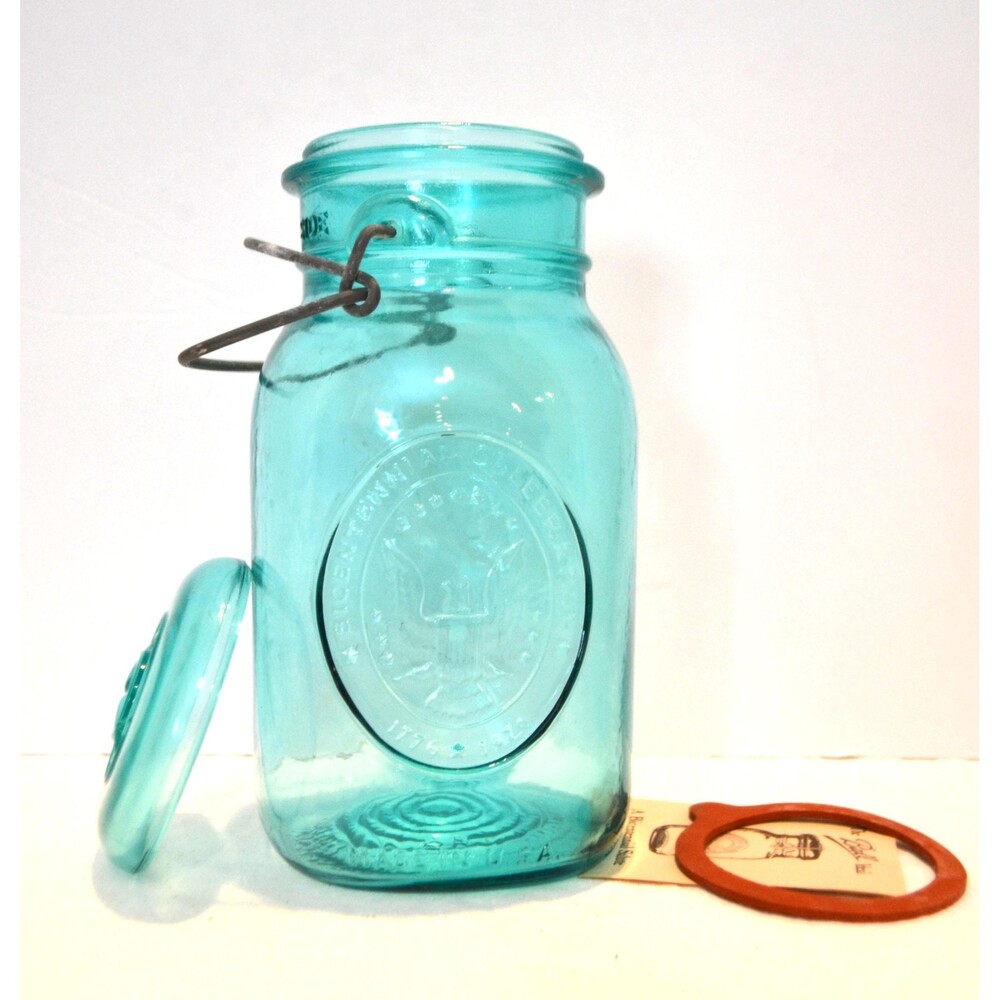 Happy Birthday America 1976 Vintage Ball Ideal Mason Jars Aqua with Wire Bail